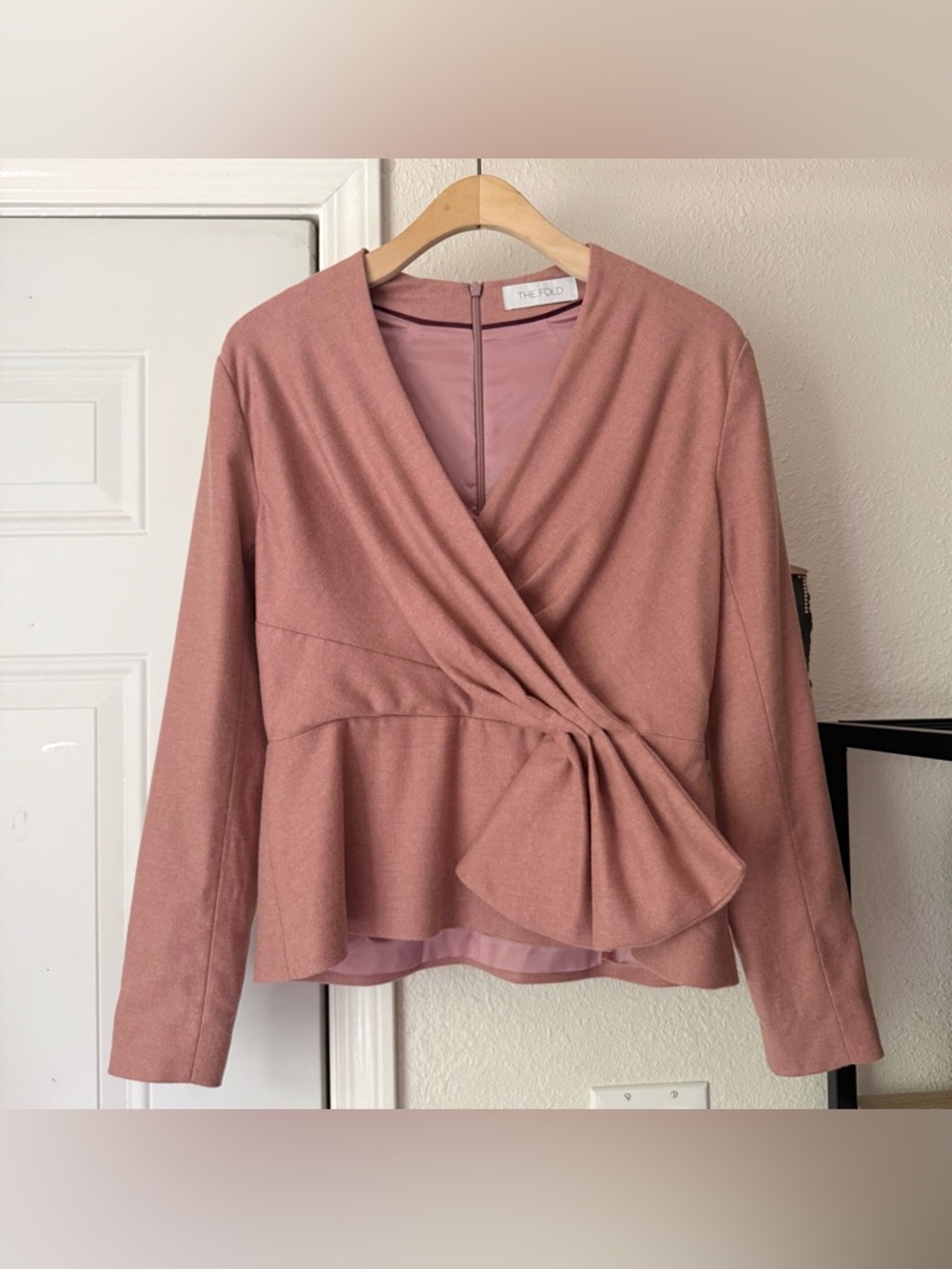 THE FOLD rose pink wool blend bow draped twist front blouse jacket top